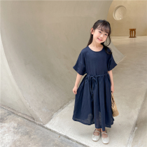 Lacquer Set Summer New Pint Children Dress CUHK Children Linen Short Sleeves Dress Girl Pure Cotton Long Skirt Parent-child Day Ensemble