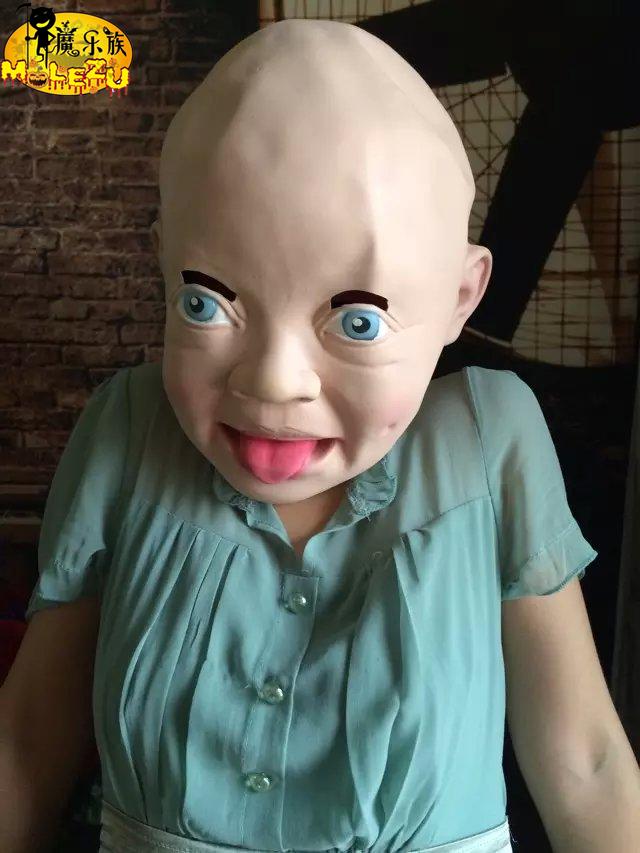 逼真微笑哭泣婴儿面具全头哭脸娃面具头套万圣节派对鬼屋恐怖面具
