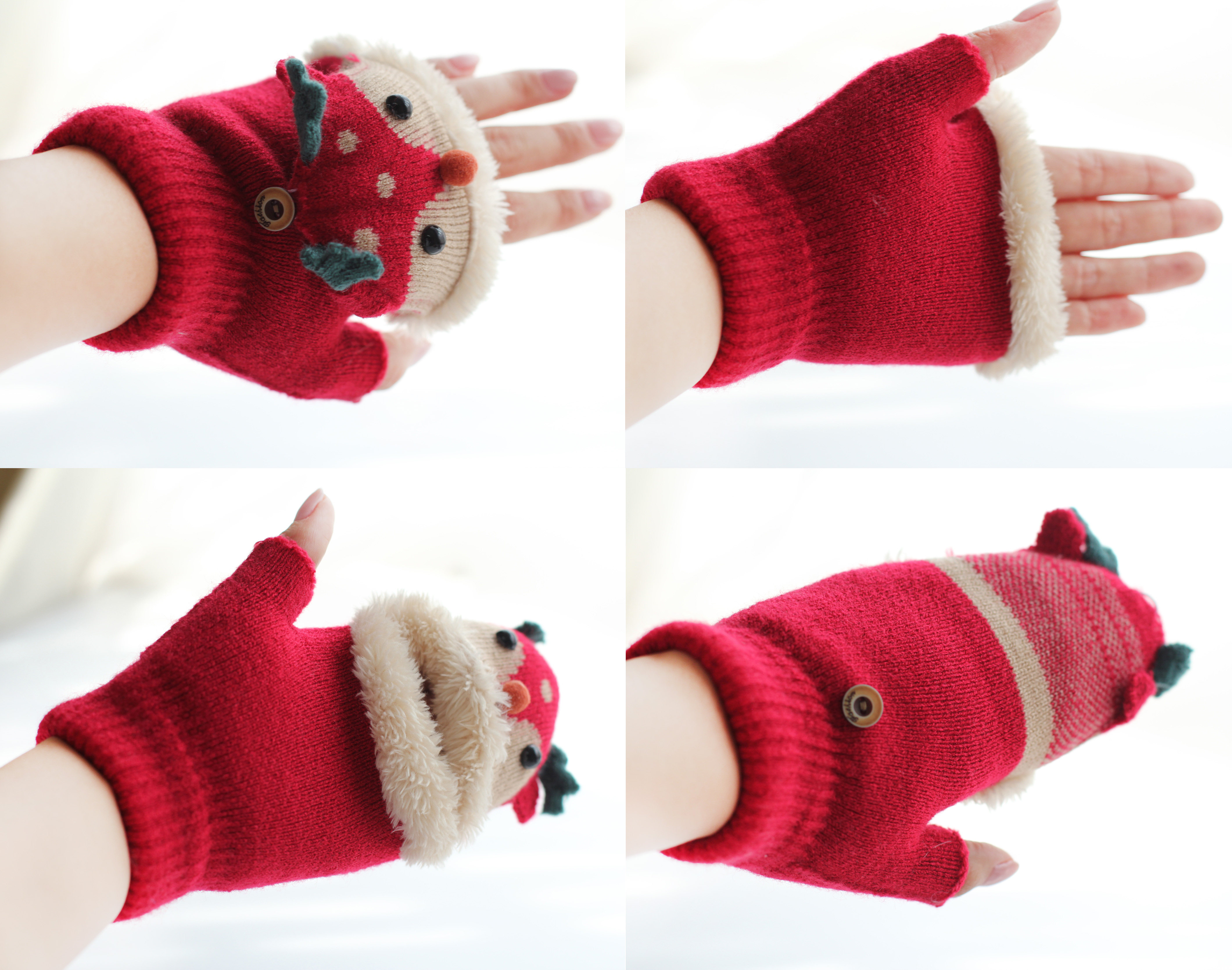 宝宝手套冬天保暖儿童加绒加厚手套 小孩男女孩针织半指 翻盖手套