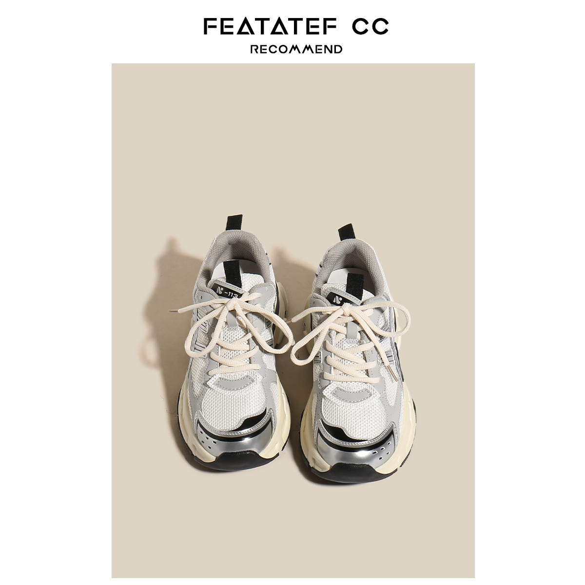 【FEATATEF】网红厚底系带增高老爹鞋女太空银网面休闲慢跑运动鞋