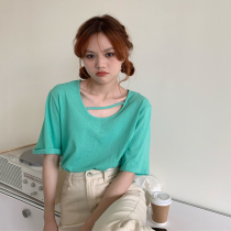 Elegant share Small standing brief Round Collar Pure Color Medium Long hollowed-out short sleeve t-shirt schoolgirl Little Lego Primary Live