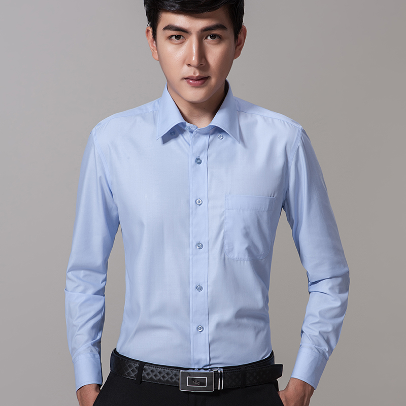 夏季蓝色男士长袖衬衫免烫工作服职业工装韩版商务修身型正装衬衣
