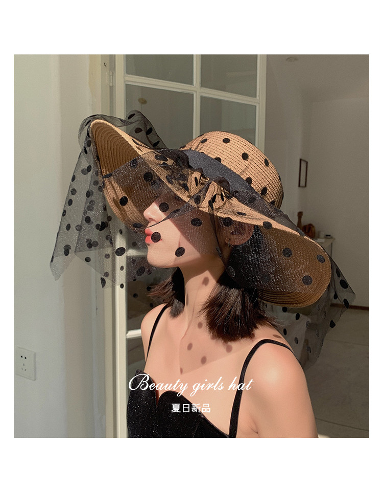 Sun hat, women's sun protection, summer thin beach straw hat, large brim lace face cover, Korean style, trendy and versatile, Japanese style detail image 2