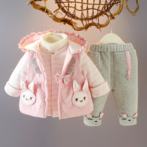 2021 new female treasure winter thick long sleeve three-piece girl 1-3 years old foreign-style cotton suit baby winter clothes