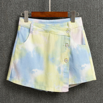 Tie-dyed denim pants skirt high waist loose slim 2021 summer new tie-dye suitable for small half pants skirt