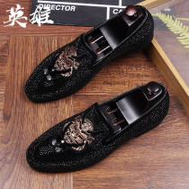 Genuine leather trending leather shoes male and Korean version pointed heightening sloth shoes black printed hairstylist Boots Legue-bean Shoes