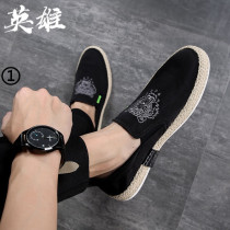Black linen embroidered lego shoes mens casual thick bottom one foot pedal sloppy board shoes driving set foot fishermans sails shoes