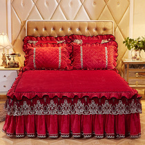European padded lace bed skirt Single piece embroidery lace Velvet thickened warm red skirt bedspread bed cover