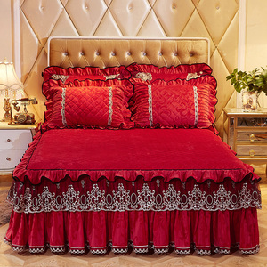 欧式夹棉蕾丝床裙单件刺绣花边天鹅绒加厚保暖大红色裙式床罩床套