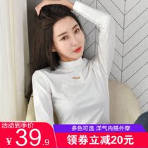 White long-sleeved t-shirt womens ins tide Korean version of the semi-high collar slim cotton top spring and autumn and winter wild tie base shirt