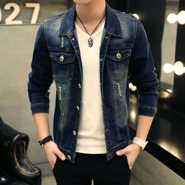 Autumn denim jacket male Korean version of the slim and broken cave youth jacket men's denim shoes, the elastic cat catch men's clothing Autumn denim jacket male Korean version of the slim and broken cave youth jacket men's denim shoes, the elastic cat catch men's clothing