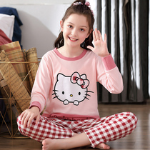 Children girls pajamas women spring and autumn long sleeves long pants pure cotton thin style big boy girl princess home wear set