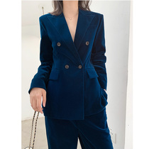 Blue Gold Velvet Suit Jacket Woman 2022 Spring Autumn New Two Sets of Bodysuit Temperament Fashion West Suit Suit