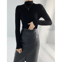 Black semi-high collar undershirt woman 2022 Spring new Korean version Long sleeve T-shirt with a lap-to-wear jacketing blouse