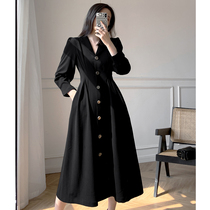 Spring and autumn black French style one-piece dress Women 2022 New Hepburn Wind cashies slim over knee temperament V-led long dress