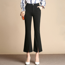 黑色前开叉喇叭裤子女2022年春秋季新款高腰西装微喇裤九分夏薄款
