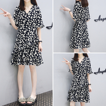 Europe station 2021 summer new chiffon dress womens waist thin V-neck printing fashion temperament straight skirt