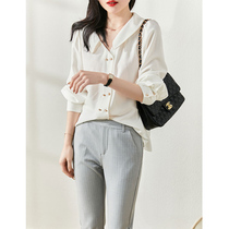 European Station Fast-style retro Breathable Shirt Lady 2022 Spring New Pearl Double-Row Buttoned Wire Blouse