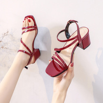 Coarse-heeled high-heeled sandals women's 2021 new summer ins fairy wind black after comfortable not tired feet fashion women's shoes