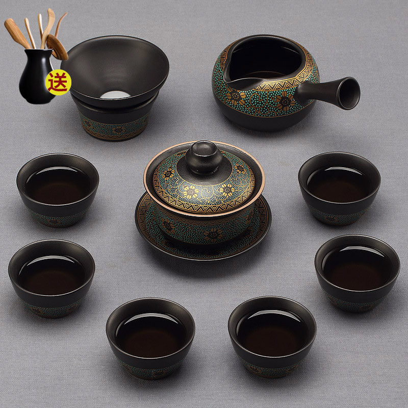 Taiwan ceramic kung fu tea set suit, black pottery side of a complete set of the household contracted and I small set of lazy people ultimately responds tea cups