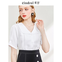 Hee 2021 summer new short sleeve top female white lapel chiffon shirt loose Belly Belly