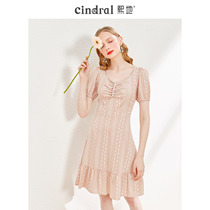 Hee 2020 Summer new pink square collar Plaid floral dress bubble sleeve waist slim date skirt