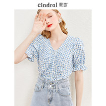 Hee 2021 summer new chiffon shirt short sleeve top female blue plaid v-neck bubble sleeve small Daisy Shirt