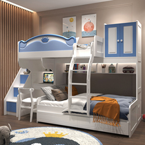 Dislocated bunk bed with desk Childrens wardrobe combination bed Solid wood high and low bed Double-decker mother boy cross parallel