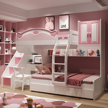 Dislocated bunk bed with desk Childrens wardrobe combination bed Solid wood high and low bed Double layer mother and daughter cross parallel