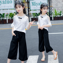 Girls summer suit 2021 new summer clothes childrens fashion Western style wide leg pants big girl little girl short sleeve tide