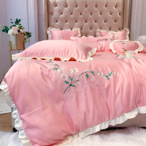 Eurostyle net red real silk four sets of girls hearts double face ice silk naked sleeping full cotton bed cover 1 8m bed in summer