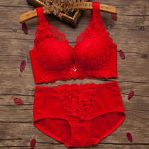 This years big red sexy small chest thick cup lace gathering bra no steel ring underwear set Wedding Bride