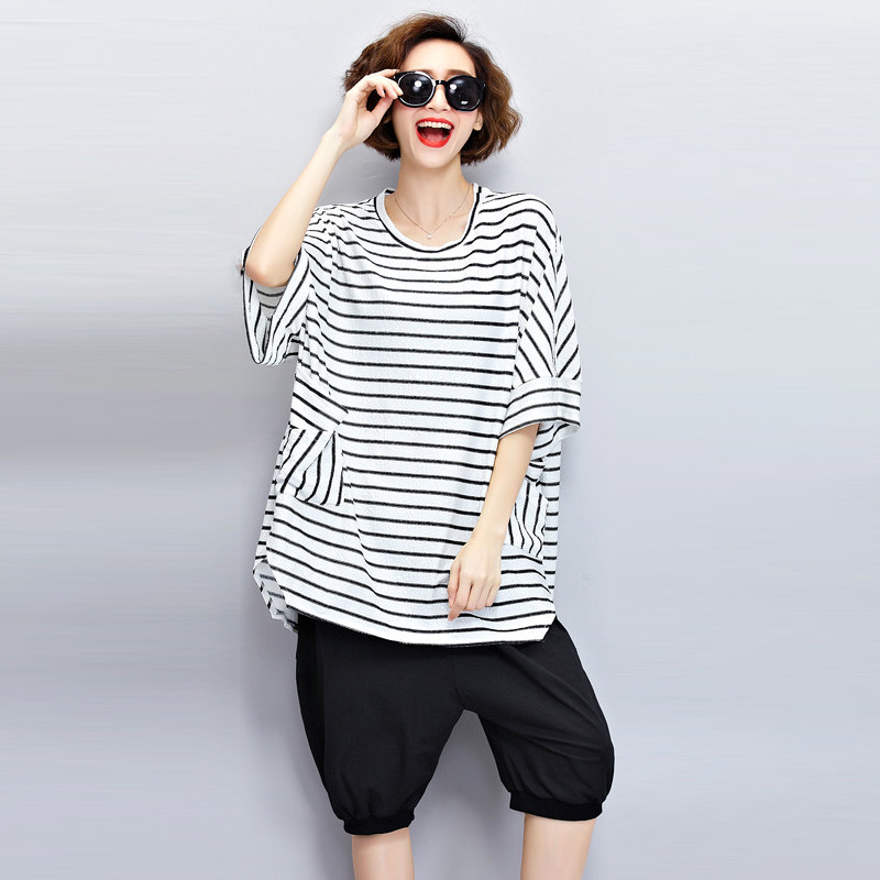 大码女装胖mm夏装新款条纹显瘦体恤 中长款宽松开叉t恤女短袖上衣