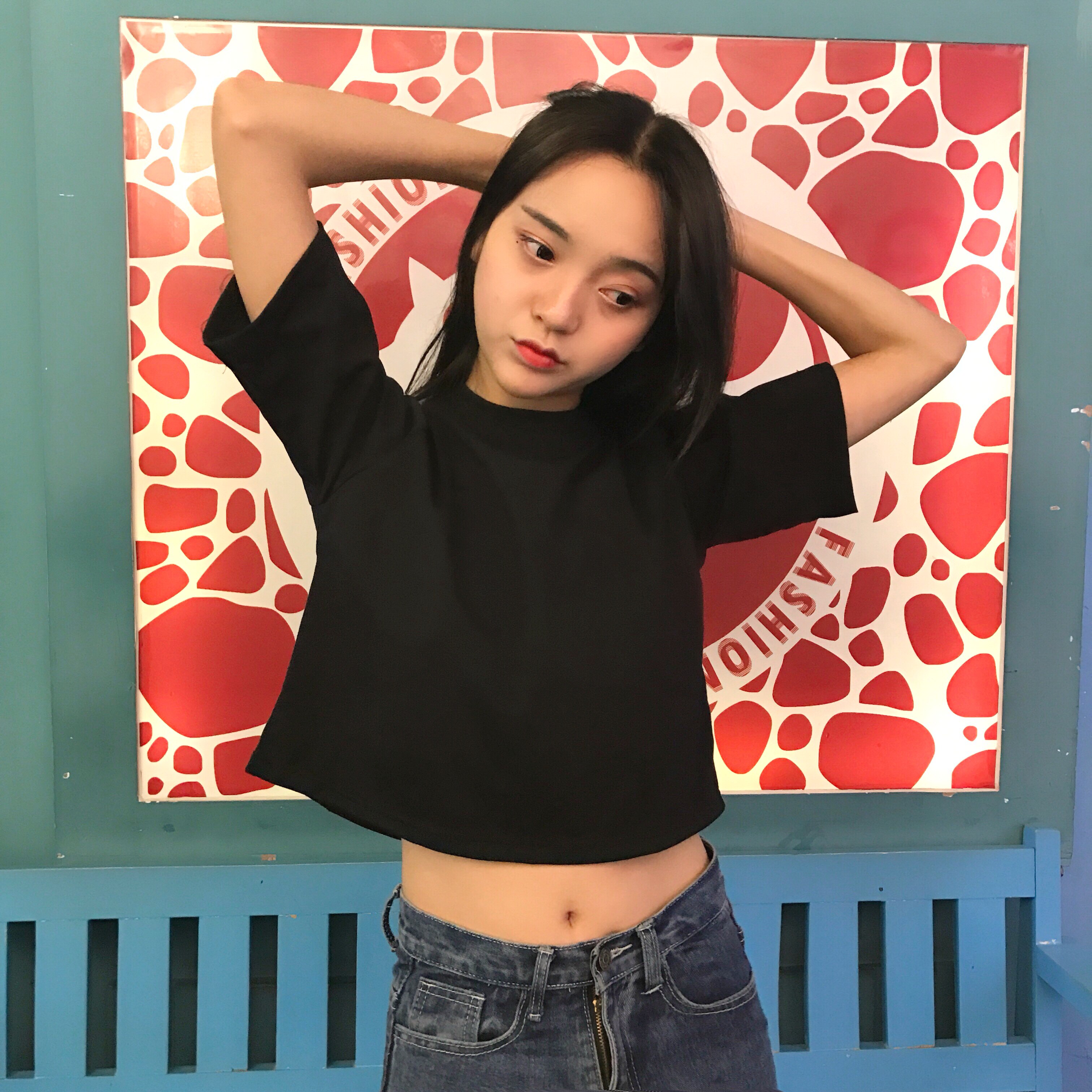 6667#新款韩版短袖t恤女学生港风宽松印花短款露脐装