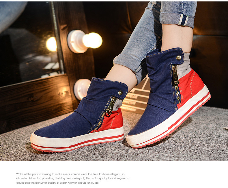 高帮鞋女秋韩版潮拼色厚底帆布鞋侧拉链休闲鞋