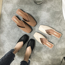 Semi-baotou slippers women wear 2021 new summer net red flat granny shoes lazy large size square head womens shoes