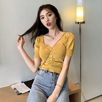 T-shirt women 2021 New Spring Summer retro sexy V collar slim slim short sleeve knitted top ins Foreign