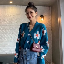 Womens sweater 2021 Spring and Autumn New lazy wind loose wear knitted cardigan flower long sleeve short coat