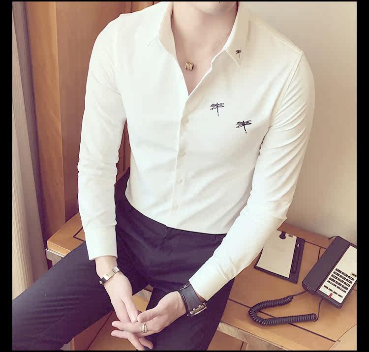 秋季男士个性印花衬衫长袖修身青年发型师碎花衬衣男潮薄款花寸衫