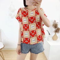 Cotton silk t-shirt womens short-sleeved summer new Korean loose drawstring bat shirt large size artificial cotton womens top