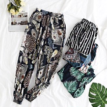 Cotton silk pants womens summer thin loose outer wear anti-mosquito lantern beach pants large size artificial cotton cotton pajamas