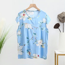 Middle-aged and elderly cotton pajamas womens large size artificial cotton short-sleeved T-shirt mothers home clothes thin cotton silk top women