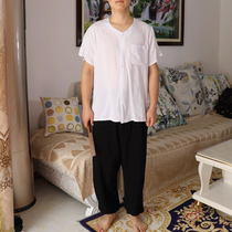 Cotton cardigan suit for middle-aged and elderly mens round neck short-sleeved home service summer cotton pajamas trousers two-piece suit