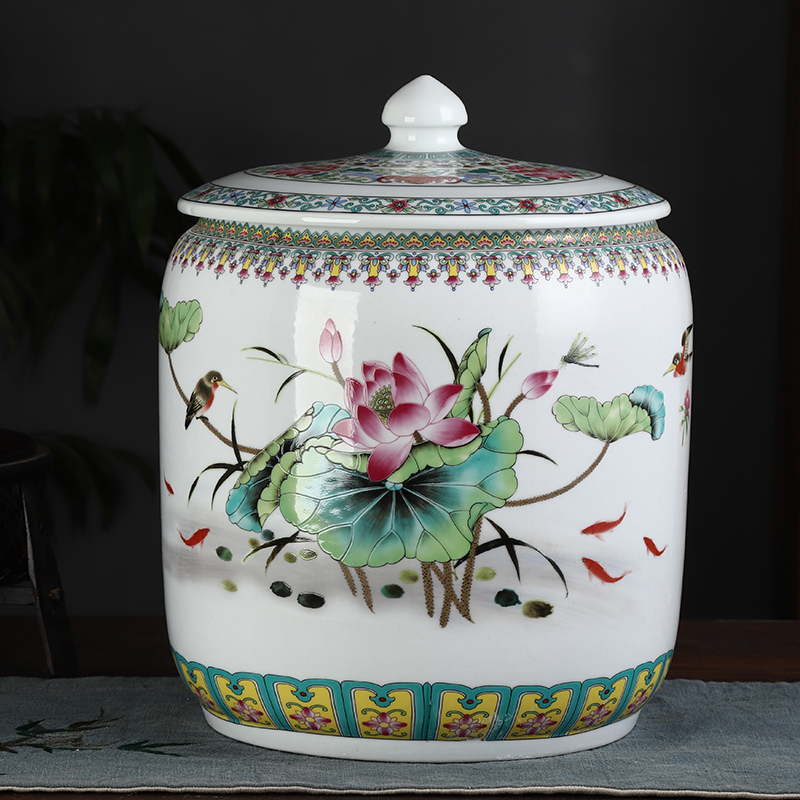 Jingdezhen ceramic barrel ricer box caddy fixings 20 jins 30 jins with cover household moistureproof insect - resistant seal storage tank