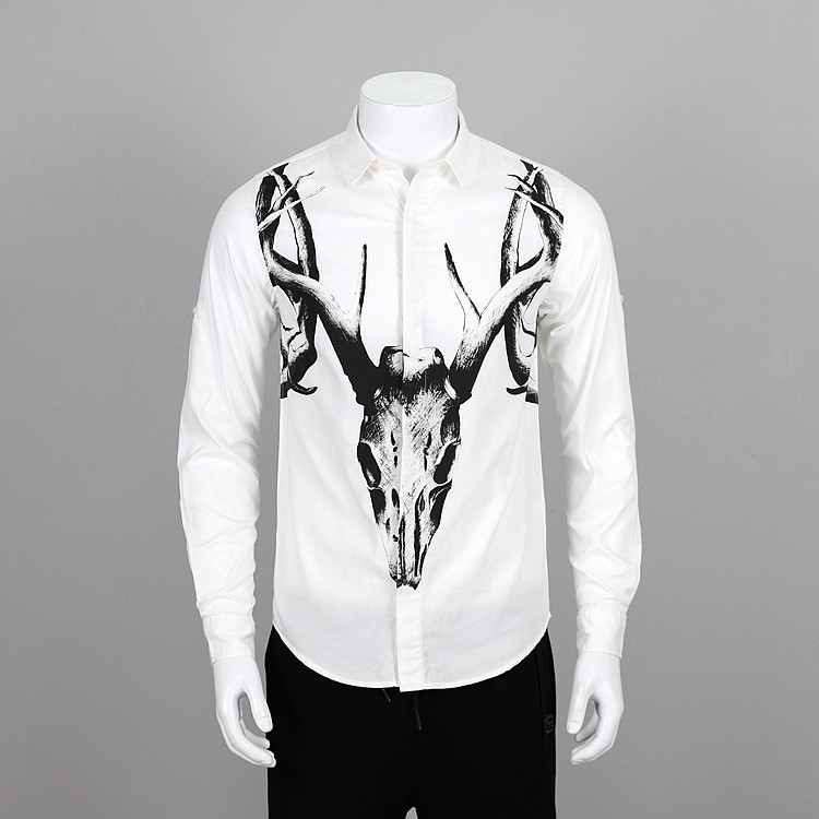 2017秋装 潮流鹿头3d立体印花 纯棉牛津纺长袖衬衫男5cm_6折现价78.