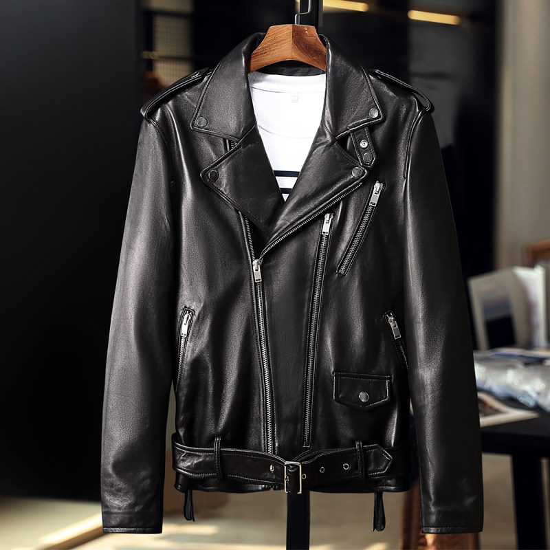 2018秋款真皮皮衣男头层绵羊皮短款修身斜拉链机车夹克青年外套