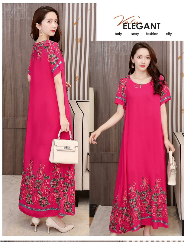 Váy lụa cotton mẹ mùa hè váy ngắn tay của phụ nữ trung niên của phụ nữ rộng trên đầu gối thêu váy dài rayon - Váy dài