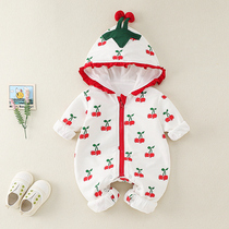 Baby spring clothes Western style hooded suit Female baby cotton double-layer jumpsuit Princess wind cute climbing suit