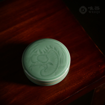 Weiqian Xu Xing pure handmade carved powder box Longquan celadon high-end office calligraphy printing clay box dressing jewelry