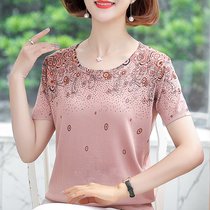 Middle-aged woman summer short sleeves ice silk T-shirt 40 years old 50 mother wear waist print jacket small small unlined upper garment spring
